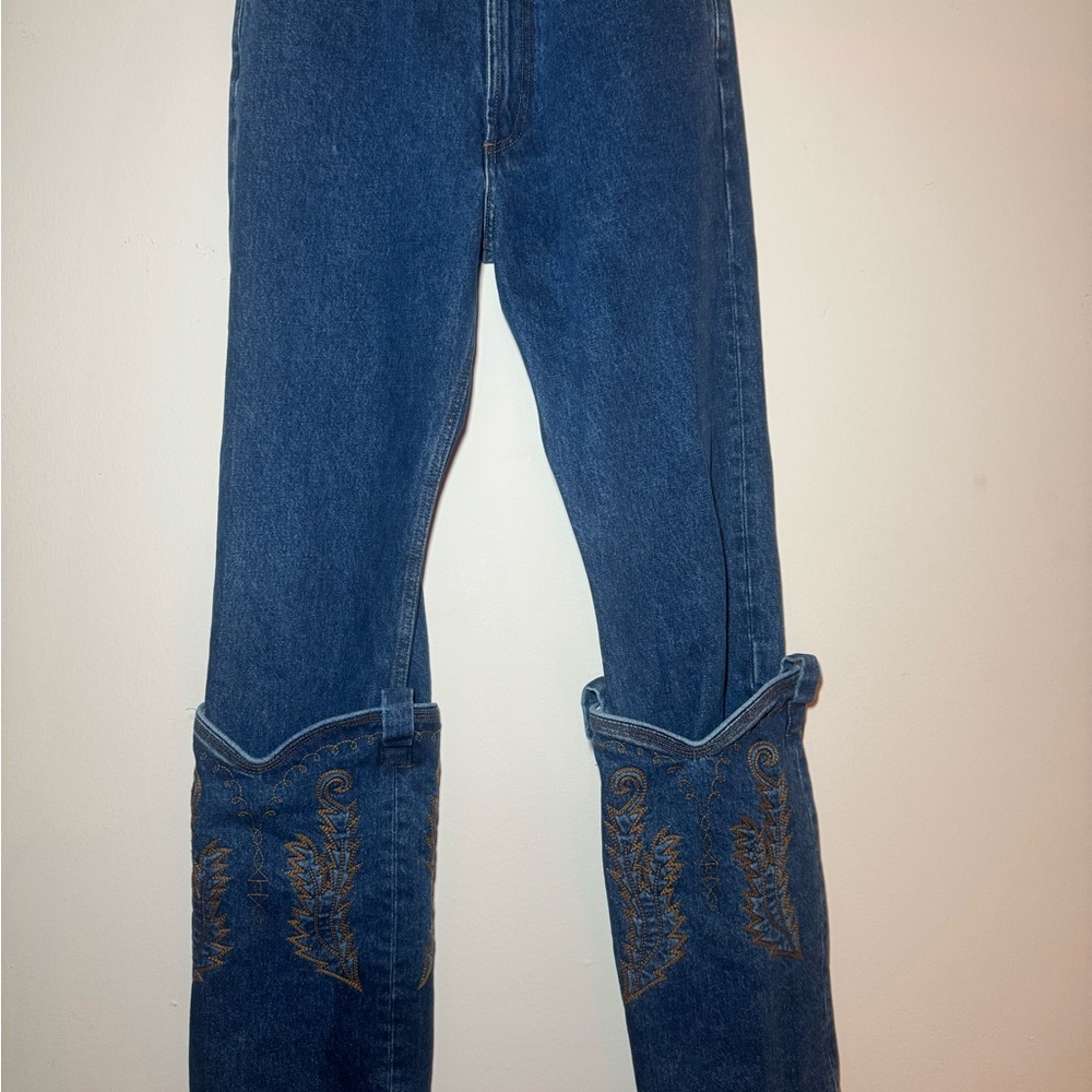 Y/Project Blue Denim Jeans with Tan Leather Logo Patch